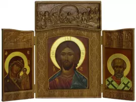 The folding is carved from solid black oak with handwritten leather faces and halos covered with gold leaf