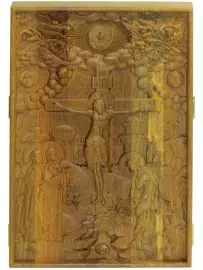 The folding is carved from solid black oak with handwritten leather faces and halos covered with gold leaf