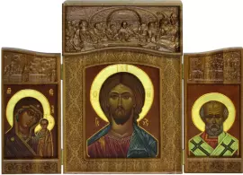 The folding is carved from solid black oak with handwritten leather faces and halos covered with gold leaf