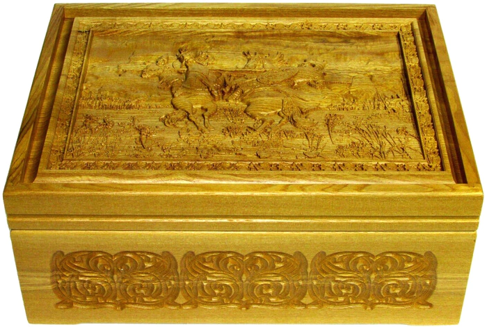 Lotto in a carved box made of stained ash "The duel of Peresvet with Chelubey on Kulikovo field"