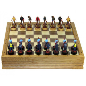 Chess made of oak "Eternal confrontation" with painted tin pieces
