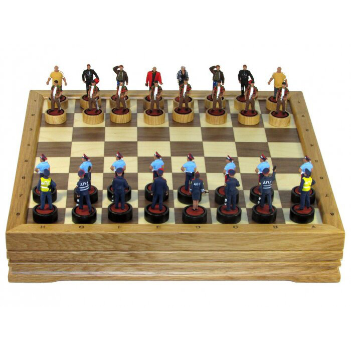 Chess made of oak "Eternal confrontation" with painted tin pieces