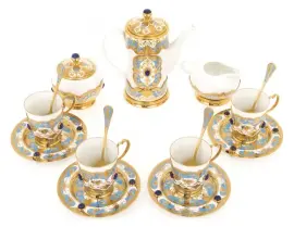 Набор кофейный на 4 персоны на блюде, лазурит, эмаль