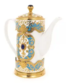 Набор кофейный на 4 персоны на блюде, лазурит, эмаль