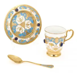 Набор кофейный на 4 персоны на блюде, лазурит, эмаль