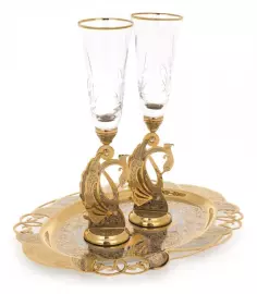 Набор свадебных бокалов на подносе "Лебеди" на 2 персоны, Златоуст