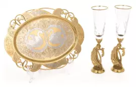 Набор свадебных бокалов на подносе "Лебеди" на 2 персоны, Златоуст