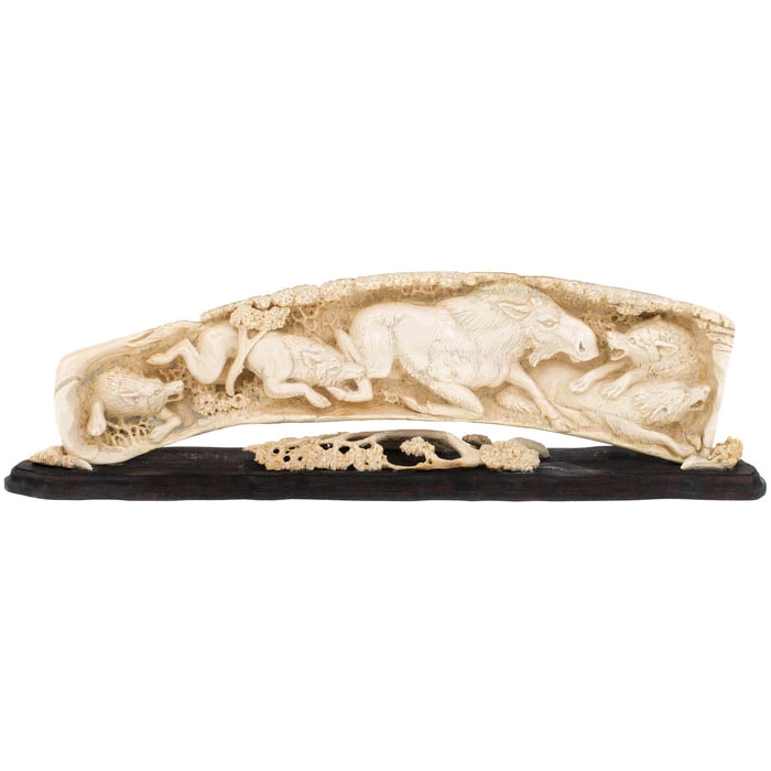 Mammoth tusk sculpture "Hunting of wolves"