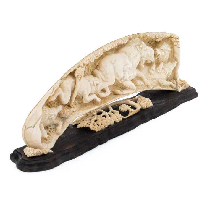 Mammoth tusk sculpture "Hunting of wolves"