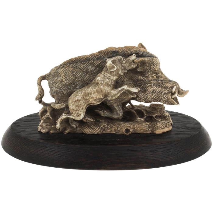 Mammoth tusk product "Wild boar hunting with a jagdterrier"