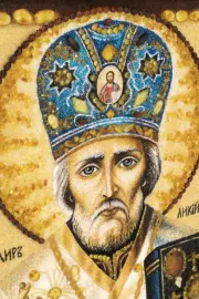 The amber icon "St. Nicholas the Wonderworker"