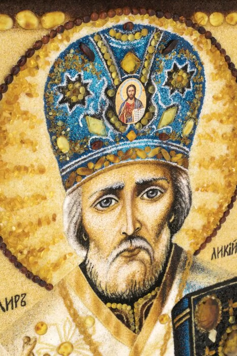 The amber icon "St. Nicholas the Wonderworker"