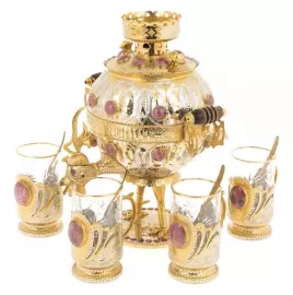 Чайный набор с самоваром "Доброе утро" на 4 персоны, с родонитом, Златоуст