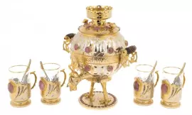 Чайный набор с самоваром "Доброе утро" на 4 персоны, с родонитом, Златоуст