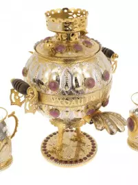 Чайный набор с самоваром "Доброе утро" на 4 персоны, с родонитом, Златоуст