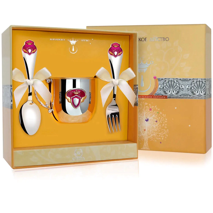 Children's silver CD set "Princess : fork, mug, spoon with gilding and enamel