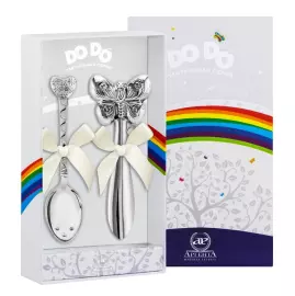 Серебряный набор для малышей "Сердце с цветами": ложка и погремушка "Бабочка"