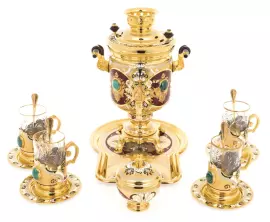 Чайный набор с самоваром "Ренессанс" на 4 персоны, малахит, эмали, Златоуст