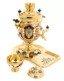 Чайный набор с самоваром "Ренессанс" на 4 персоны, малахит, эмали, Златоуст