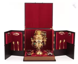 Чайный набор с самоваром "Ренессанс" на 4 персоны, малахит, эмали, Златоуст