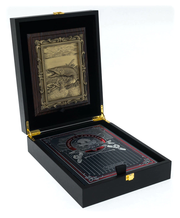 Leather-bound gift book "Dialogues about fishing with a plaque" (in a box)