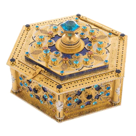 Lazurite casket with topaz, cubic zirconia and enamel, Zlatoust