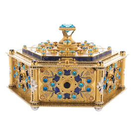 Lazurite casket with topaz, cubic zirconia and enamel, Zlatoust