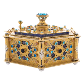 Lazurite casket with topaz, cubic zirconia and enamel, Zlatoust