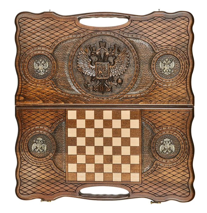 Carved beech backgammon "Coat of Arms of the Russian Federation 3" with bronze