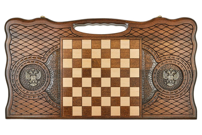 Carved beech backgammon "Coat of Arms of the Russian Federation 3" with bronze