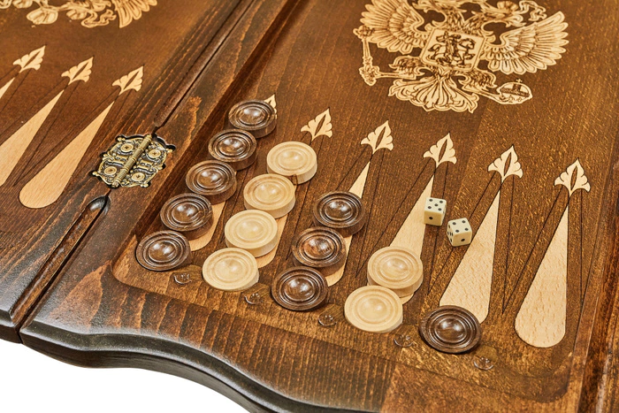 Carved beech backgammon "Coat of Arms of the Russian Federation 3" with bronze