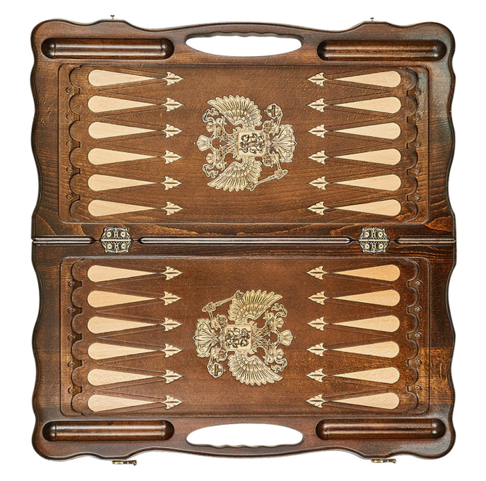 Carved beech backgammon "Coat of Arms of the Russian Federation 3" with bronze