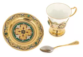 Набор для чая "Тюльпан" на 2 персоны, малахит, эмали