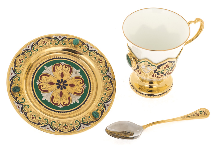 Tulip tea set (malachite, enamel) for 2 persons