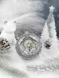 Серебряный елочный шар "Казанская Богородица" с позолотой