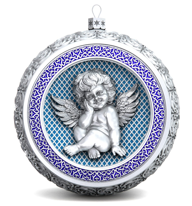 Серебряный елочный шар "Ангелок" с эмалью