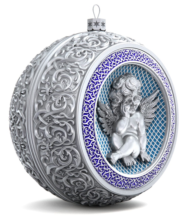 Серебряный елочный шар "Ангелок" с эмалью