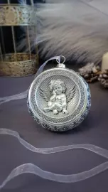 Серебряный елочный шар "Ангелок" с эмалью
