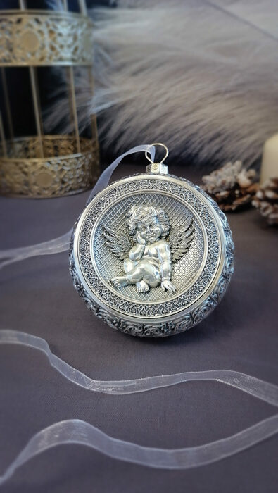 Серебряный елочный шар "Ангелок" с эмалью