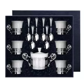 Coffee set made of silver and porcelain "Bohemia": spoon, cup, sugar bowl , for 6 people