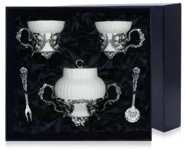 Серебряный чайный  набор "Симфония": вилка для лимона, совок для сахара, сахарница, чашка