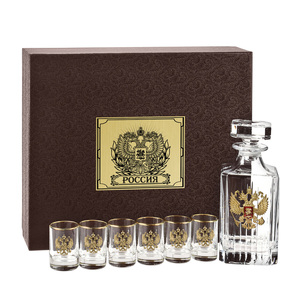 A set of "Coat of Arms of the Russian Federation" with a Timeless damask with an overlay "Coat of Arms of the Russian Federation" brass, and 6 glasses in a gift box