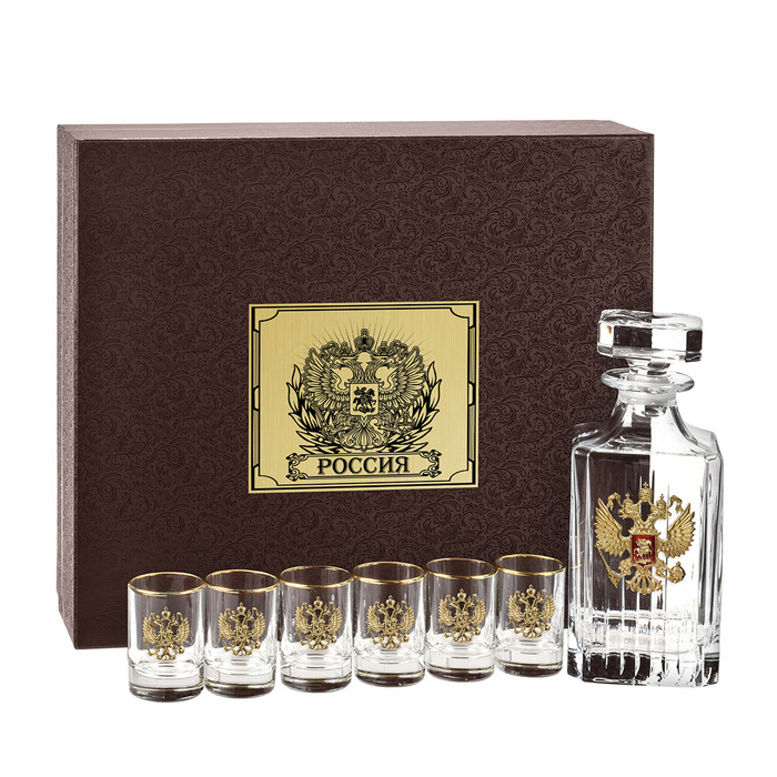 A set of "Coat of Arms of the Russian Federation" with a Timeless damask with an overlay "Coat of Arms of the Russian Federation" brass, and 6 glasses in a gift box