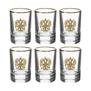 A set of "Coat of Arms of the Russian Federation" with a Timeless damask with an overlay "Coat of Arms of the Russian Federation" brass, and 6 glasses in a gift box