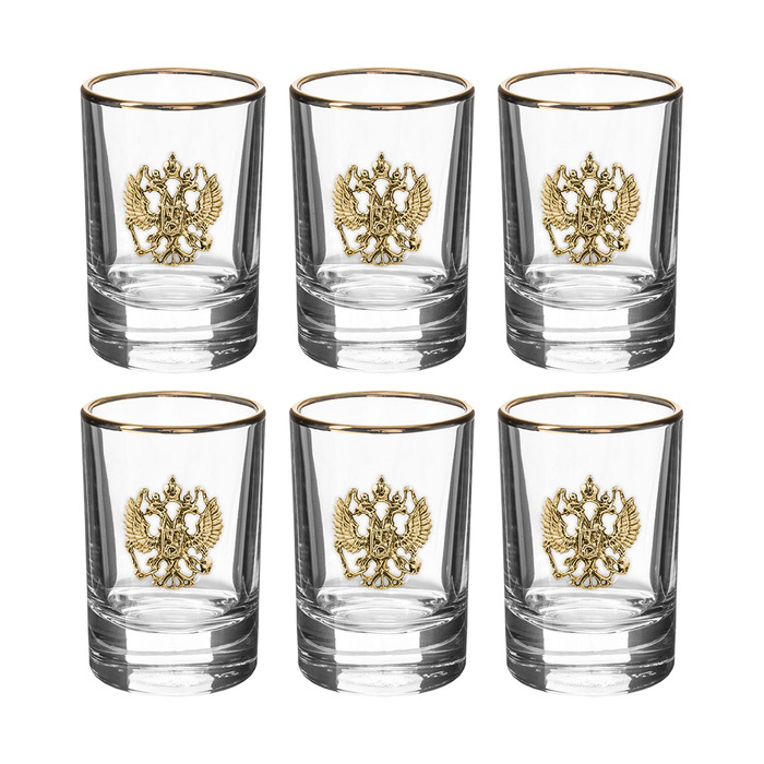 A set of "Coat of Arms of the Russian Federation" with a Timeless damask with an overlay "Coat of Arms of the Russian Federation" brass, and 6 glasses in a gift box