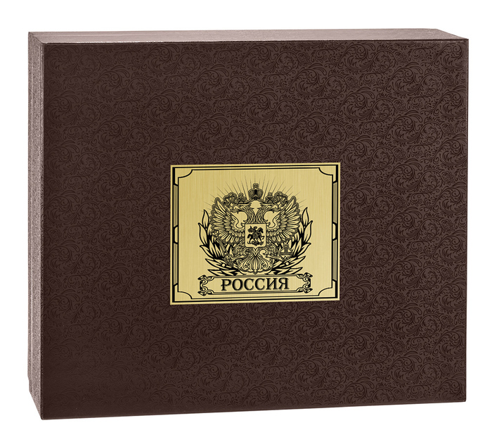 A set of "Coat of Arms of the Russian Federation" with a Timeless damask with an overlay "Coat of Arms of the Russian Federation" brass, and 6 glasses in a gift box