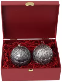 Set of 2 silver Christmas balls "Bells and Bullfinches"