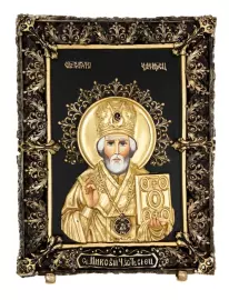Icon with artistic casting "Nicholas the Wonderworker" small, desktop (bronze)