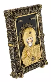 Icon with artistic casting "Nicholas the Wonderworker" small, desktop (bronze)