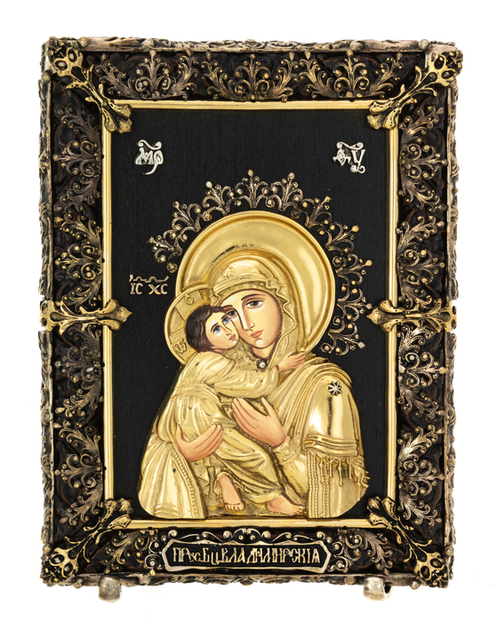 Icon with artistic casting "Mother of God of Vladimir" small, table bronze